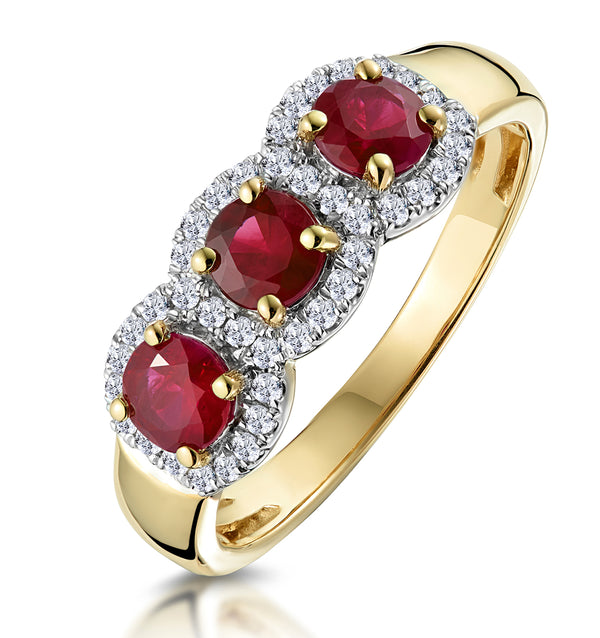 Ruby and Diamond Halo Trilogy Ring in 18K Gold - Asteria Collection